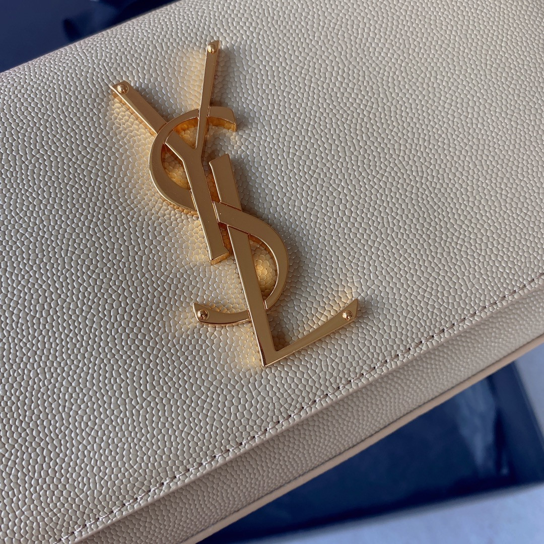 YSL KATE SMALL IN GRAIN DE POUDRE EMBOSSED LEATHER LIGHT YELLOW GOLD 7.8 X 4.9 X 1.9 INCHES - Image 8