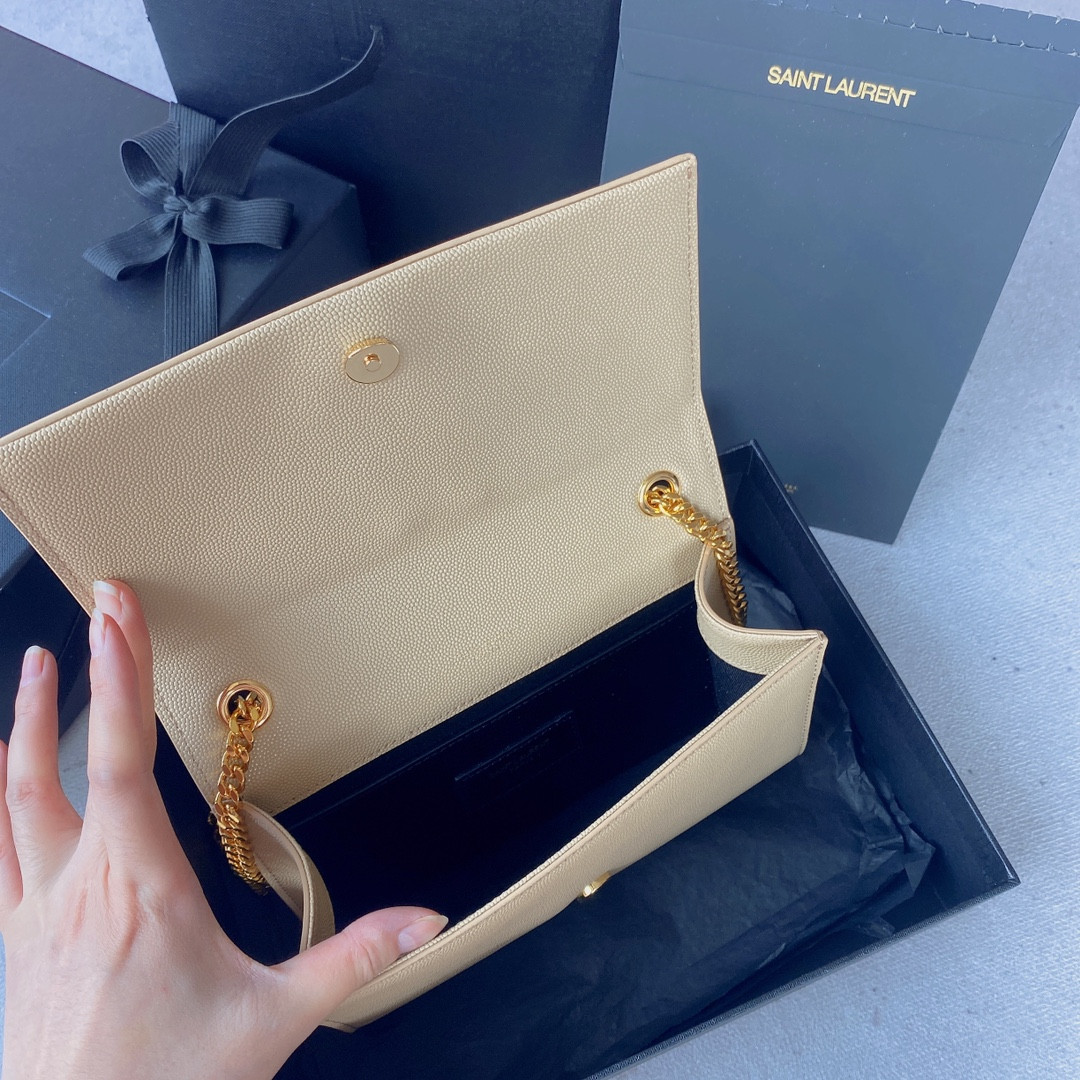 YSL KATE SMALL IN GRAIN DE POUDRE EMBOSSED LEATHER LIGHT YELLOW GOLD 7.8 X 4.9 X 1.9 INCHES - Image 9