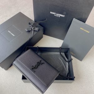 YSL KATE SMALL IN GRAIN DE POUDRE EMBOSSED LEATHER NAVY 7.8 X 4.9 X 1.9 INCHES