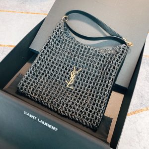 YSL OXALIS BAG IN RAFFIA MACRAM¨¦ BLACK 14.6X 5.7X1.2INCHES