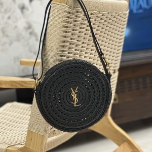 YSL ROUND BAG IN RAFFIA AND VEGETABLE-TANNED LEATHER Color Black